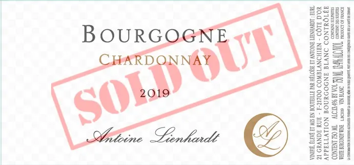 Étiquette du Bourgogne Chardonnay 2019 barrée « Sold out »
