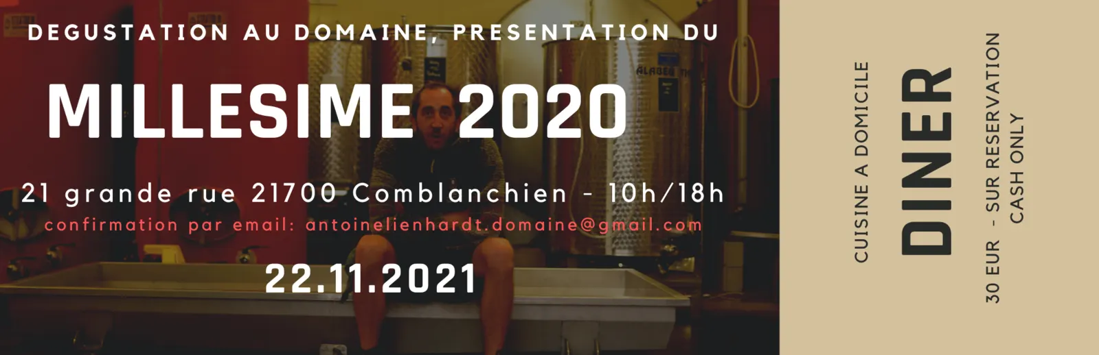 Bannière de la dégustation du millésime 2020 et du dîner au domaine, le 22 novembre 2021